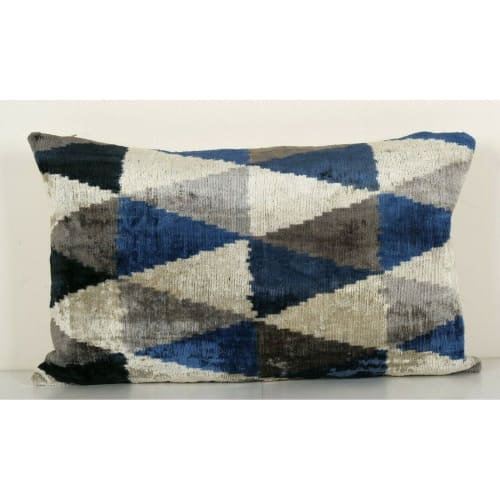Geometric Ikat Velvet Lumbar Pillow, Hand Woven Diagonal | Linens & Bedding by Vintage Pillows Store