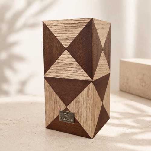 Modern Oak & Mahogany Wine Bottle Holder, Handmade Wooden Marquetry Decor, Scandinavian Home Accent | Tableware by Vesta Corte