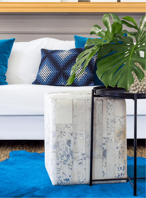 Handmade Leather Ottoman | NY Design | Silver on White Color