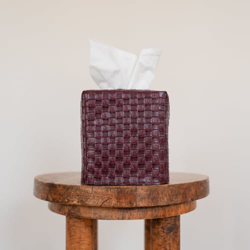 Burgundy Basketweave Faux Leather Single Tissue Box Cover | Toiletry in Storage by Vantage Design