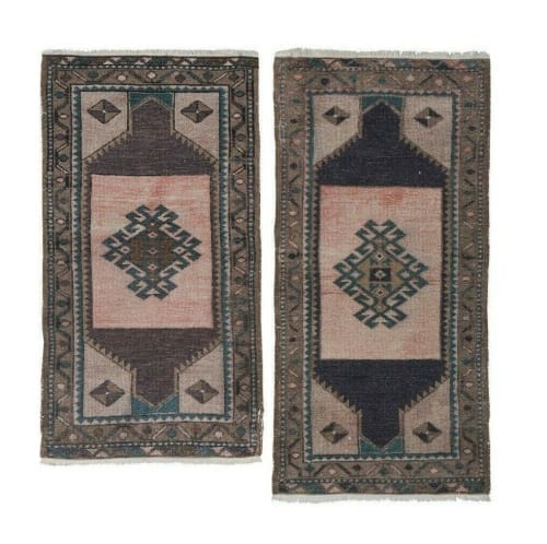 Hand Knotted Turkish Small Rug Mat Distressed Rug | Rugs by Vintage Pillows Store