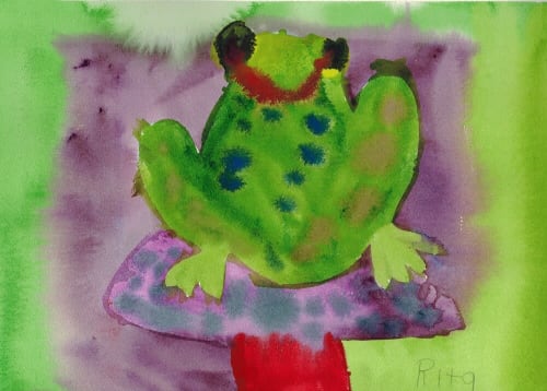Frog on a Mushroom - Original Watercolor | Paintings by Rita Winkler - "My Art, My Shop" (original watercolors by artist with Down syndrome)