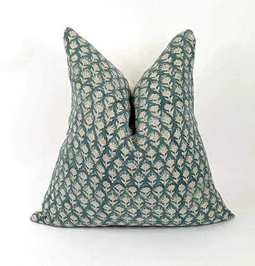 teal floral block print pillow, teal floral pillow, block | Pillows by velvet + linen