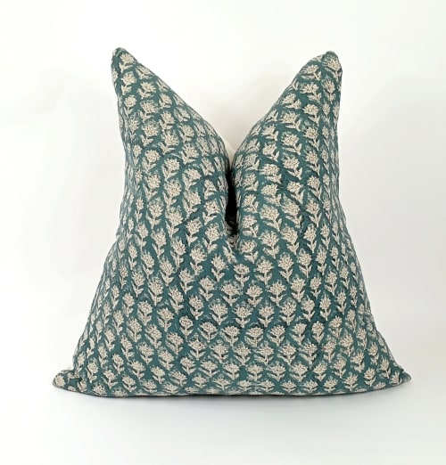 teal floral block print pillow, teal floral pillow, block | Pillows by Velvet Fringe