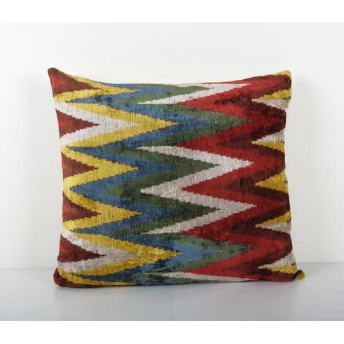 Zig Zag Design Silk Ikat Velvet Pillow, Square Handloomed Cu | Pillows by Vintage Pillows Store