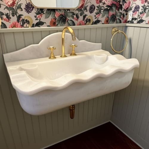 Scalloped White Marble Wall Mount Sink, Floating Carrara Marble Bathroom Basin | Water Fixtures by AYMARBLEDESIGN LLC