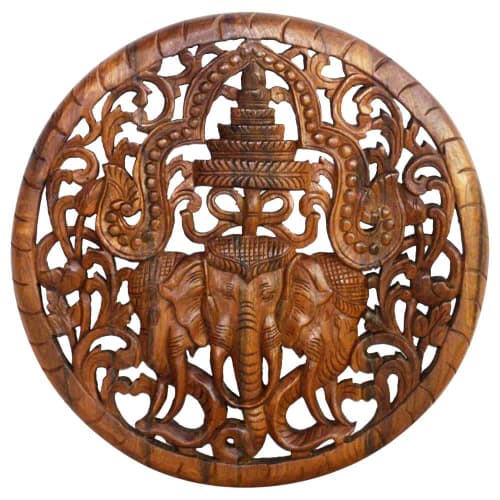 Haussmann® Teak Lotus Panel 3 Elephant Round 60 cm | Engraving in Art & Wall Decor by Haussmann®
