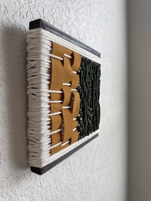Woven Tile- Mustard Suede and Green | Wall Sculpture in Wall Hangings by Mpwovenn Fiber Art by Mindy Pantuso