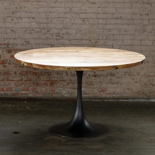 Round Pedestal Base Dining Table | Solid Wood Top Cast Iron