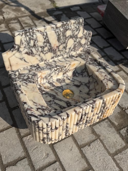 Calacatta Viola Marble Sink: Ribbed, Hand Carved, Wall Mount | Water Fixtures by AEGEAN MARBLE ARTISAN ATELIER