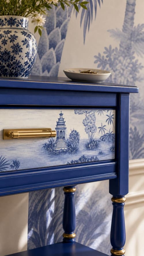 Hand-Painted Blue Console Table, Custom Statement Furniture, Gold Accents, Bohemian Blue Finish | Tables by Alevtina G