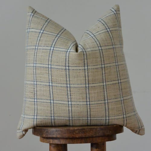Cream, Blue and Brown Plaid Wool Lumbar Pillow 14x22 by Vantage Design