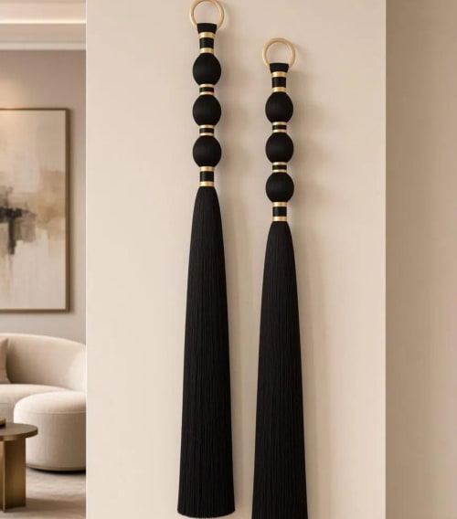 Black Gold Macrame Wall Hanging, Extra Long Tassel Wall Tapestry, Modern Fiber Art | Wall Hangings by İnanç Yılmaz
