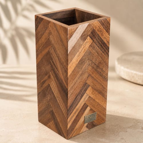 Handmade Walnut Wooden Vase, Modern Marquetry Decor, Scandinavian Minimalist Home Accent, Housewarming Gift | Vases & Vessels by Vesta Corte