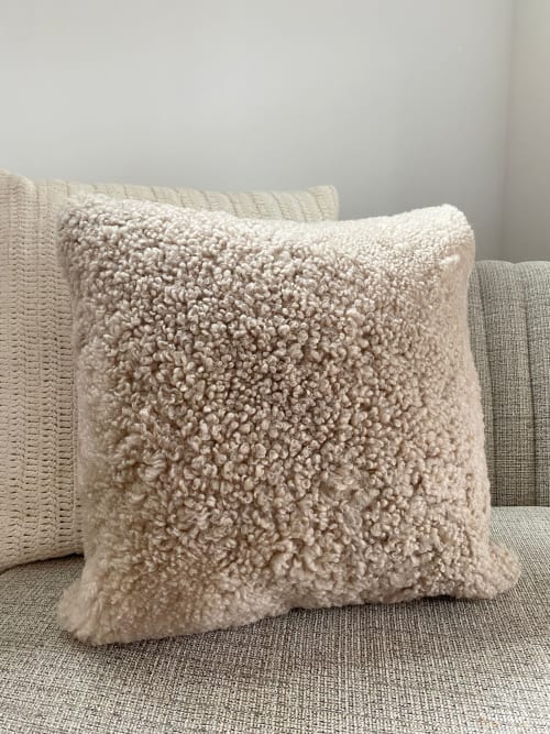 18” x 18” Tan Shearling Sheepskin Pillow | Cushion in Pillows by East Perry