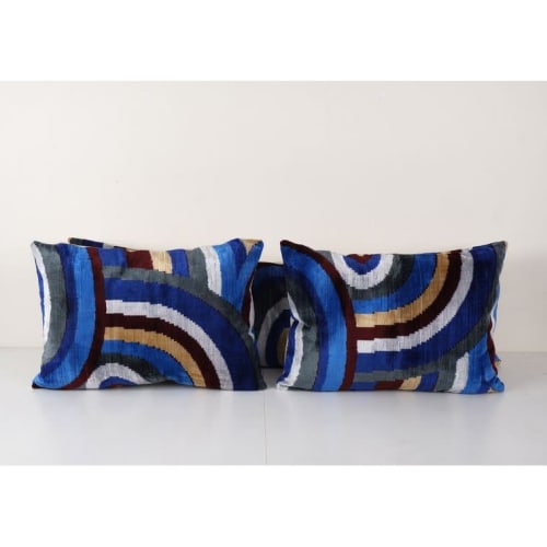 Colorful Ikat Velvet Pillow - Set of Three Lumbar Silk Cushi | Cushion in Pillows by Vintage Pillows Store