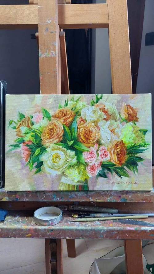 Bridal flowers painting beige yellow canvas original art, Cu | Oil And Acrylic Painting in Paintings by Natart