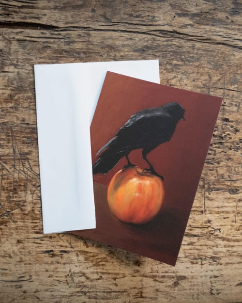 Black Crow Apple Greeting Card – Wildlife Art (5"x7") | Gift Cards by The Ugly Cat Studio