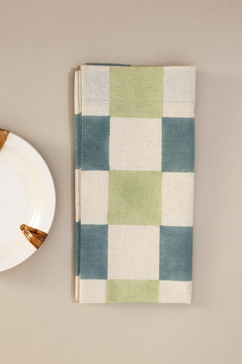 Sage Grid Block Print Napkins, Set of 4 | Linens & Bedding by Ninéh