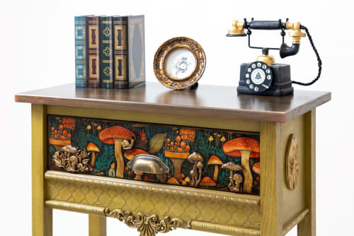 Handcrafted Tall Green Console Table with Drawer – Amanita Mushroom & Forest Motif Entryway Table | Tables by Birds and Gardens Inc