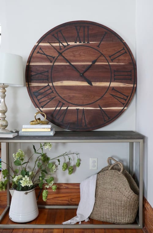 Live Edge 42" Black Walnut Wall Clock with Roman Numerals | Decorative Objects by Hazel Oak Farms