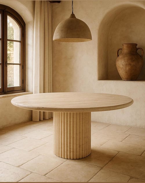Custom Travertine Dining Table: Fluted Rounded Base, Fully Customizable | Tables by AEGEAN MARBLE ARTISAN ATELIER