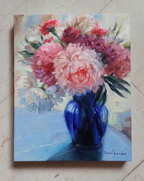 Flowers in blue vase oil painting original, Canvas floral | Oil And Acrylic Painting in Paintings by Natart