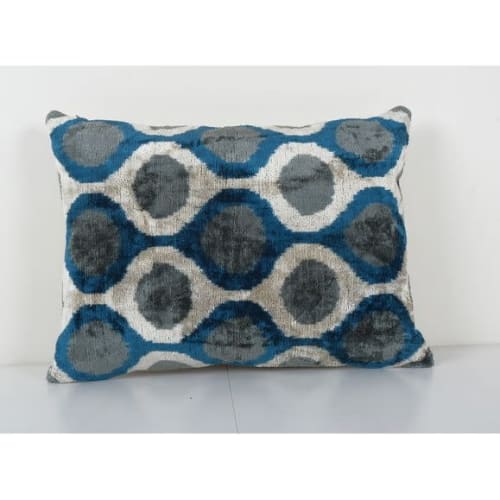 Ikat Blue Pillow Cover - Silk Ethnic Velvet Lumbar Pillow Co | Pillows by Vintage Pillows Store