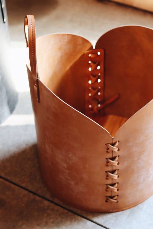 16in London Tan Leather Basket | Storage Basket in Storage by Harrow and Sickle Leather Design