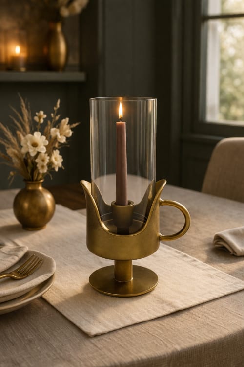 Halo Hurricane Candle Holder with Handle — Antique Brass Finish | Decorative Objects by Raíz Studio