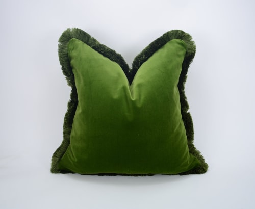 Green brush fringe pillow cover // moss green velvet cushion | Pillows by velvet + linen