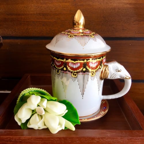 Benjarong Coffee Mug With Lid, Hand-painted, Porcelain Cup and Saucer, Gold  Decorative Mug, Royal Pottery Mug, Thai Pottery Gift, Ceramic 