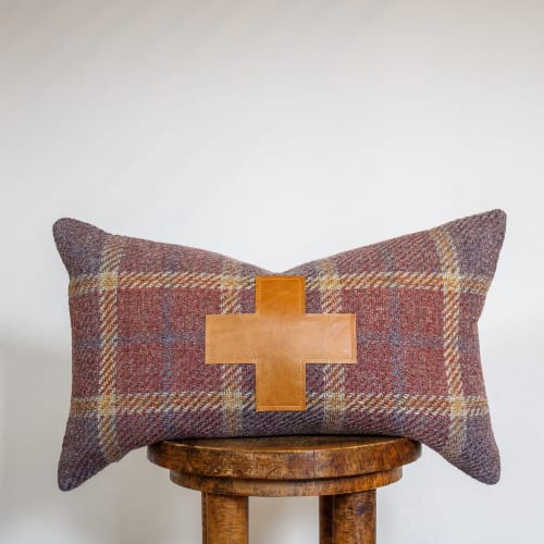 Pink & Purple Plaid with Camel Leather Cross Pillow 12x20 | Pillows by Vantage Design