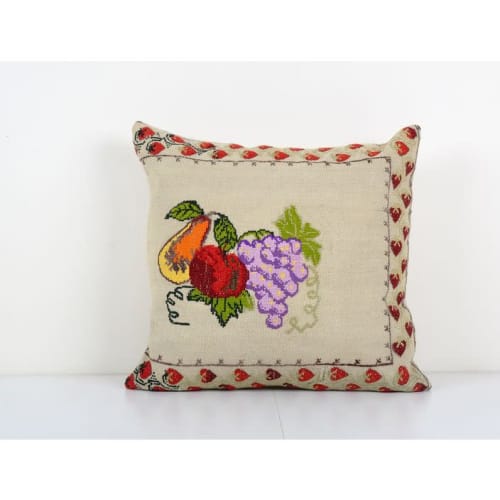 Vintage Handwoven Floral Pattern Square Kilim Pillow, Grape | Pillows by Vintage Pillows Store
