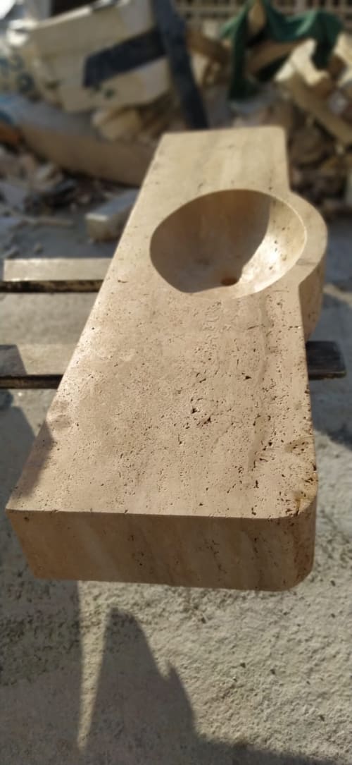 Hand Carved Travertine Sink: Wall Mount Farmhouse Washbasin (67"x20"x5.5") | Water Fixtures by AEGEAN MARBLE ARTISAN ATELIER