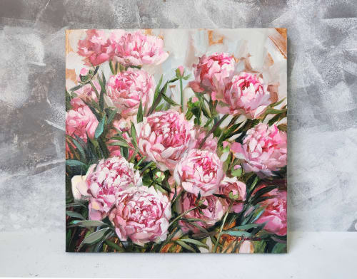 Pink peony flowers original canvas painting Flower oil wall | Oil And Acrylic Painting in Paintings by Natart