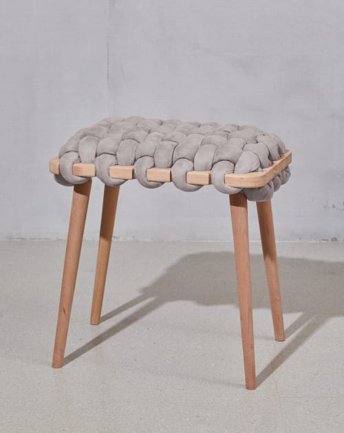Arora Grey Vegan Suede Woven Stool | Chairs by Knots Studio