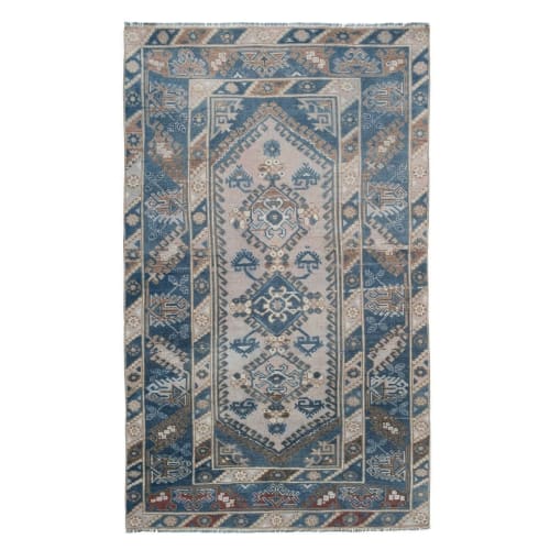 Distressed Turkish Oushak Blue Rug 3'7" X 5'11" | Rugs by Vintage Pillows Store