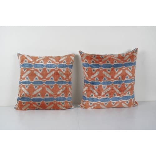 Square Apricot Ikat Velvet Pillow Cover - Set Silk Ikat Velv | Pillows by Vintage Pillows Store