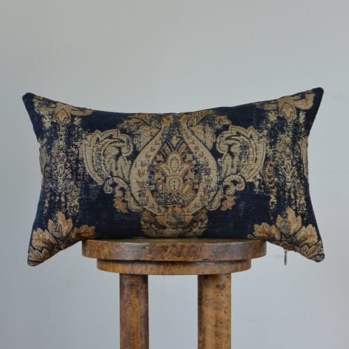 Navy Chenille with Brown Motif Decorative Pillow 12x20 | Pillows by Vantage Design