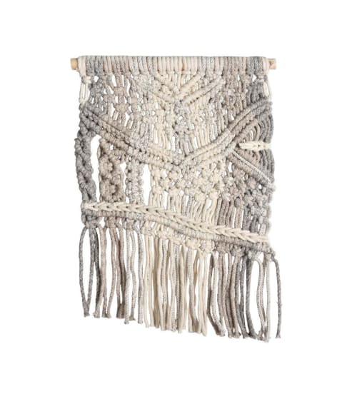Ivory Grey Wool Macrame Wall Hanging: Hand Knitted Boho Tapestry Fiber Art | Wall Hangings by Swiflo