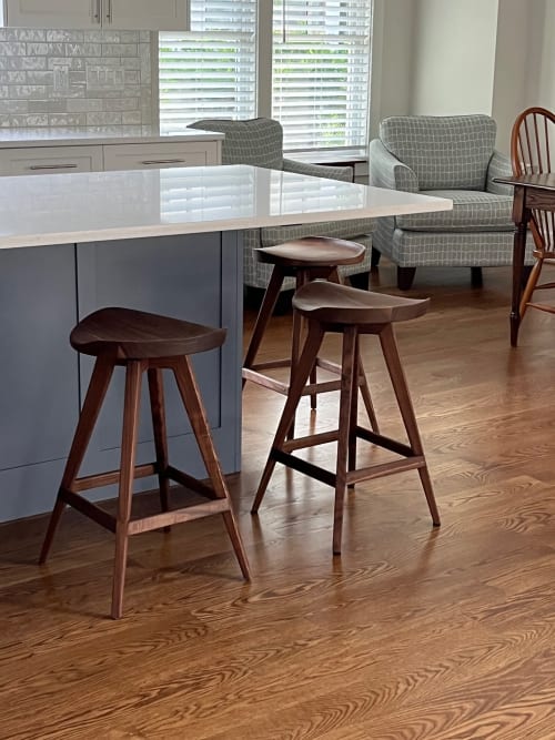 Mid Century Modern Swiveling Bar Stool: Wood Tractor Seat Counter Stool, USA Made | Chairs by Marco Bogazzi