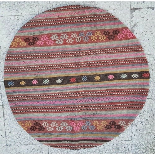 Round Oushak Kilim Rug Flat Woven Pink Turkish Handwoven | Rugs by Vintage Pillows Store