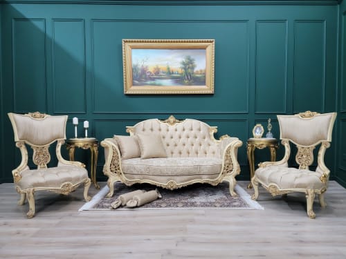 Victorian Style Living Room Set/ Ivory and Gold Leaf Accent | Couches & Sofas by Art De Vie Furniture