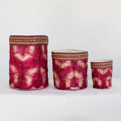 Wild Silk Shibori Baskets - Turtle Pattern - Ruby & Natural | Storage Basket in Storage by Tanana Madagascar