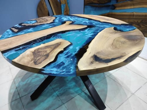 Custom 60" Diameter, Round Walnut Wood, Turquoise White | Tables by LuxuryEpoxyFurniture