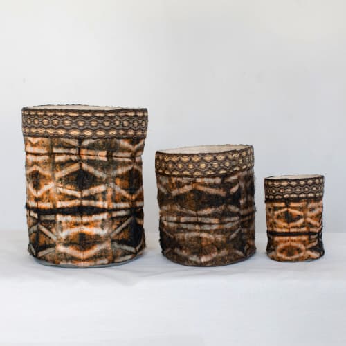 Wild Silk Shibori Basket - Stick Pattern - Onyx & Natural | Storage by Tanana Madagascar