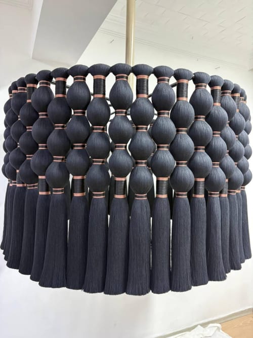 Black Tassel Chandelier, Large Boho Chandelier, Cotton Tassel Light Shade, Luxury Ceiling Light, | Macrame Wall Hanging in Wall Hangings by RavaTapestryArt
