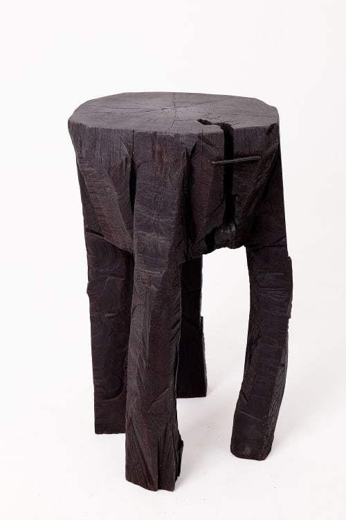 Sculptural Side Table, Rustic, Burnt Black Wood, Carved, Handmade | Tables by Logniture