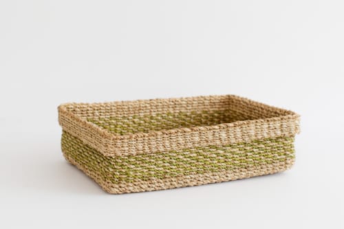 Woven Catchall Storage Tray | Lime Green + Natural | Decorative Tray in Decorative Objects by NEEPA HUT
